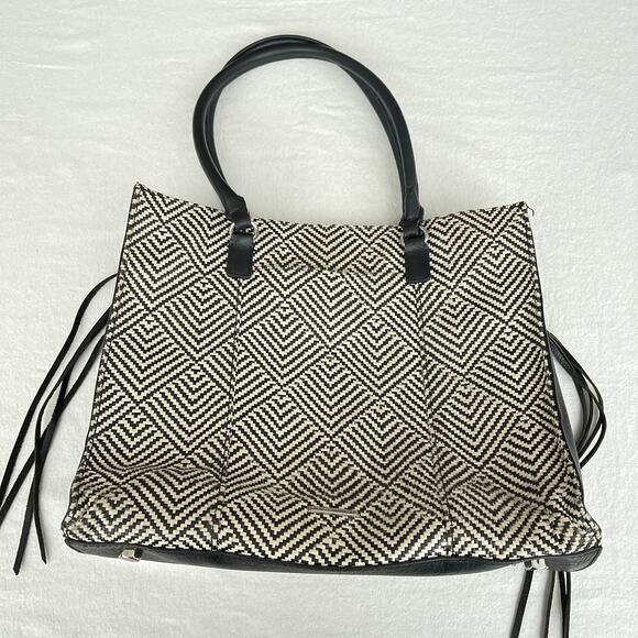 Rebecca Minkoff Handbag Tote Black Leather Straw Geometric Side Zipped Fringe - Picture 1 of 16